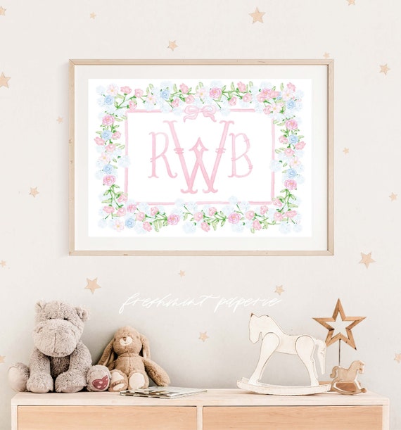 Watercolor monogram, Nursery Monogram, Pink floral Monogram, Nursery wall art, Whimsical floral nursery art, Ribbon, Baby Girl