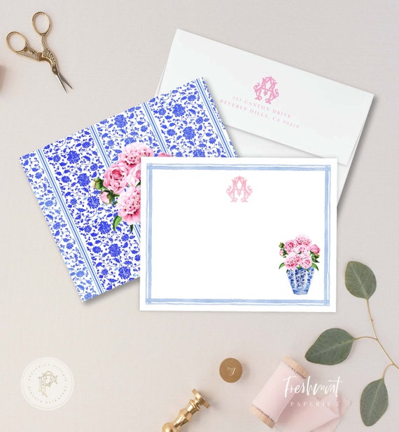 Personalized Stationery - Peony Ginger Jar Note Cards - Peony Stationery Note Cards - Ginger Jar Notecards - Chinoiserie - set21