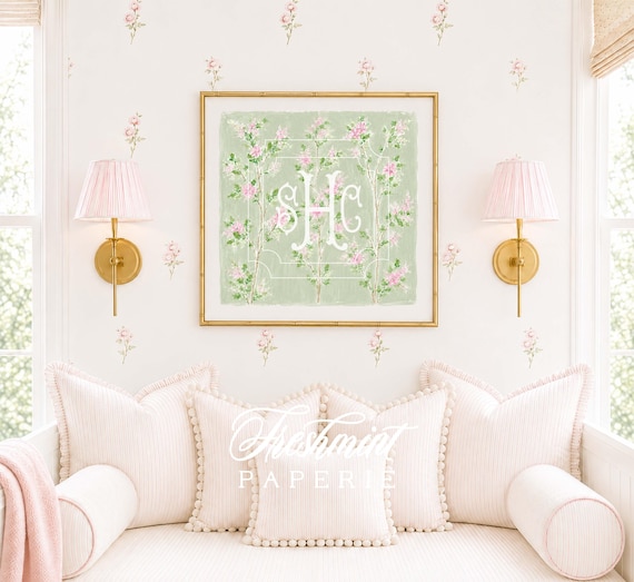Monogram Wall Art, Chinoiserie, Floral, Grandmillennial, Watercolor