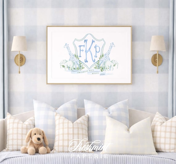 Safari Nursery Wall art Print, Giraffe, Elephant, Zoo Animals, Monogram, Crest