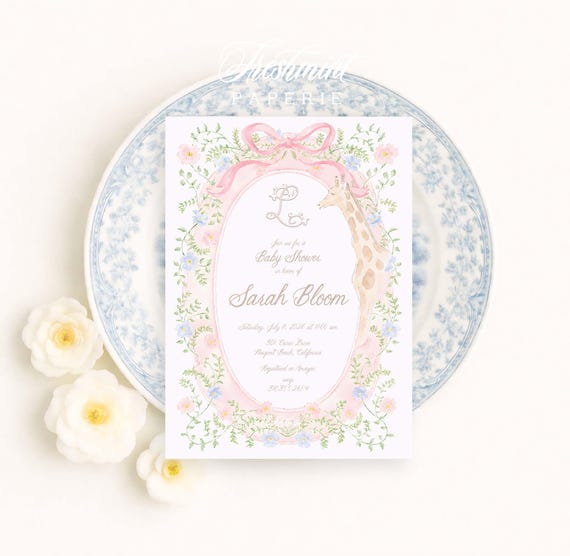 Floral Giraffe Baby Shower Invitation, Pink Bow, Watercolor, Grandmillennial, Monogram
