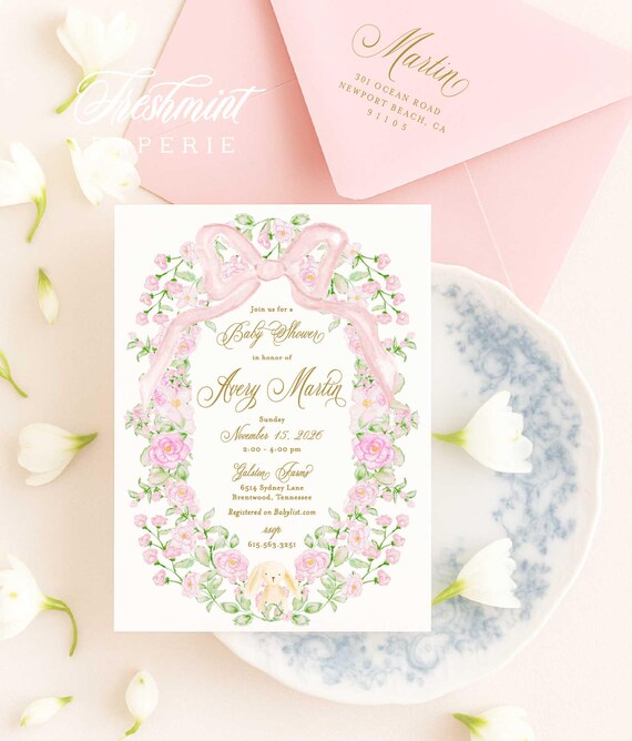 Bunny Baby Shower Invitation, Watercolor Floral Wreath, Pink Bow, Crest, Grandmillennial