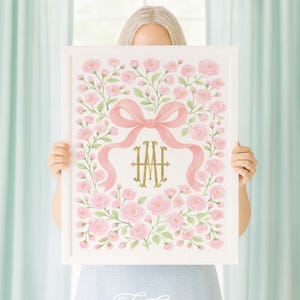 Watercolor Floral Monogram Nursery Art with Pink Bow