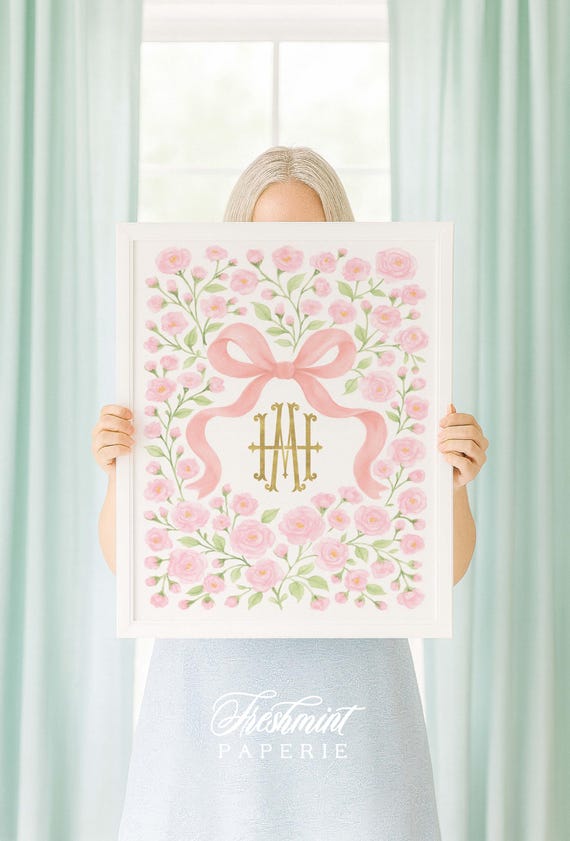 Watercolor Floral Monogram Nursery Art with Pink Bow