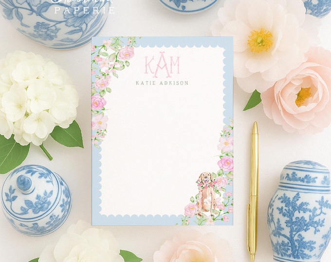Custom Floral Monogram Notepad - Golden Retriever - 5x7
