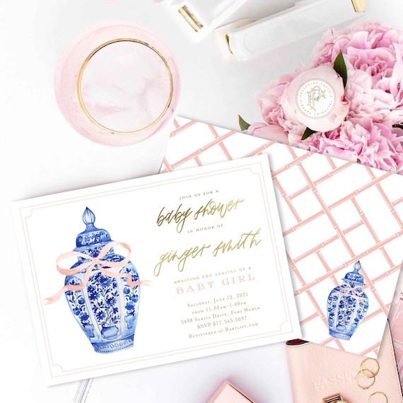 Ginger Jar Invitation - Monogram invitation - Chinoiserie invitation - Topiary Baby Shower invitation - Baby Shower Invitation