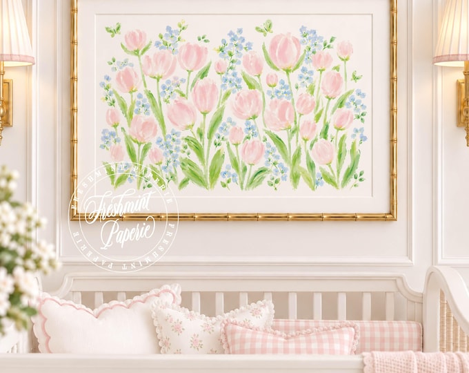 Tulips wall art, Watercolor, Grandmillennial, Floral, Cherry Blossom