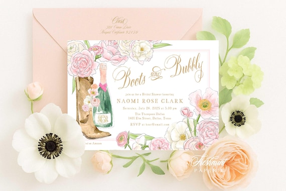 Boots and Bubbly Invitation, Brunch invitation, Champagne invitation, Western Invite, Country Bridal Shower Invitation, Boots and Bubbly
