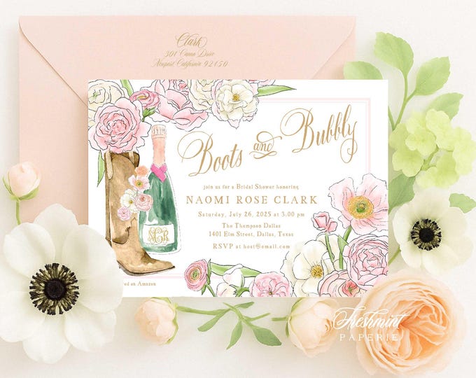 Boots and Bubbly Invitation, Western Bridal Shower Invite