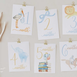 K&ouml;nnte beinhalten: Sechs Aquarell-Illustrationen von Baby-Meilensteinen mit einem anderen Tier f&uuml;r jeden Monat. Die Illustrationen befinden sich auf wei&szlig;en Karten mit goldenen Clip-Haltern. Die Illustrationen beinhalten einen Storch, eine Schleife, einen L&ouml;wen, einen Elefanten, einen Stapel B&uuml;cher und ein Pferd.