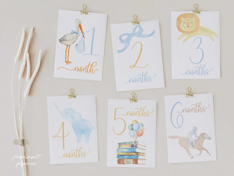 K&ouml;nnte beinhalten: Sechs Aquarell-Illustrationen von Baby-Meilensteinen mit einem anderen Tier f&uuml;r jeden Monat. Die Illustrationen befinden sich auf wei&szlig;en Karten mit goldenen Clip-Haltern. Die Illustrationen beinhalten einen Storch, eine Schleife, einen L&ouml;wen, einen Elefanten, einen Stapel B&uuml;cher und ein Pferd.