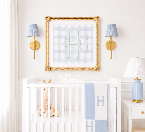 Monogram Nursery Wall Art, Blue Gingham, Mint