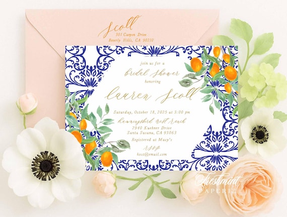 Orange Chinoiserie invitation - Citrus invitation - Ginger Jar Invitation - Chinoiserie invitation - Orange Grove Invitation