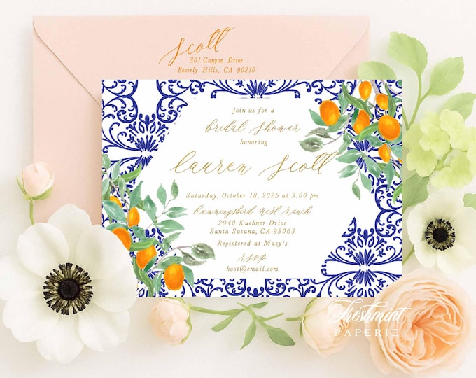 Orange Chinoiserie invitation - Citrus invitation - Ginger Jar Invitation - Chinoiserie invitation - Orange Grove Invitation