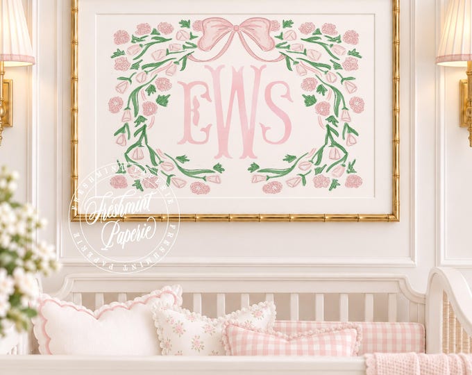 Monogram Nursery Print, Watercolor, Florals, Custom Wall Art