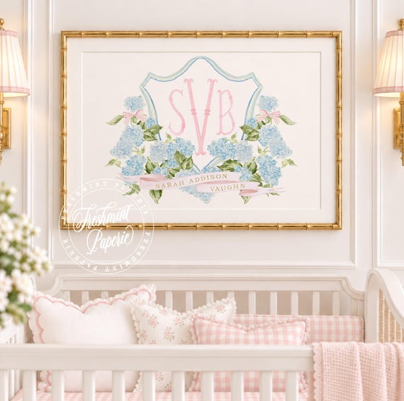 Watercolor Hydrangea Monogram Nursery Print, Custom Wall Art, Crest