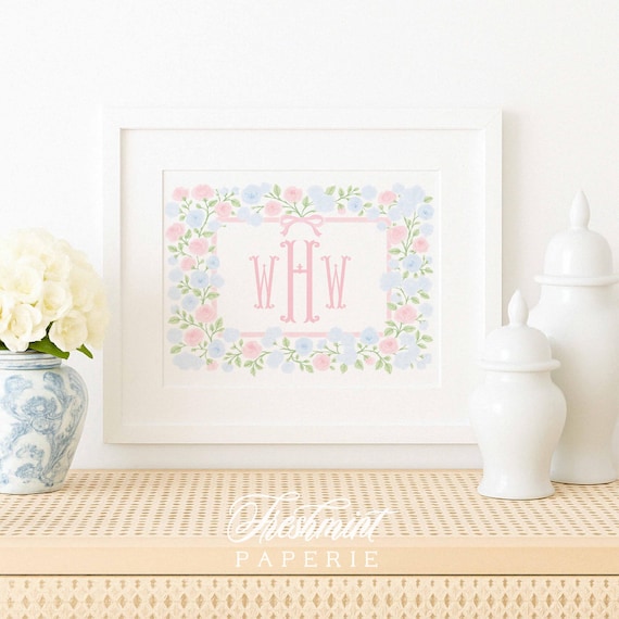 Watercolor monogram, Nursery Monogram, Pink floral Monogram, Nursery wall art, Whimsical floral nursery art, Ribbon, Baby Girl