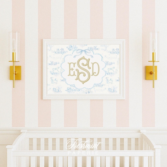 Nursery wall art, Monogram Nursery Wall Art, Nursery name print, Blue Toile Nursery Print, Custom nursery wall art, Blue Bow, Toile wall art