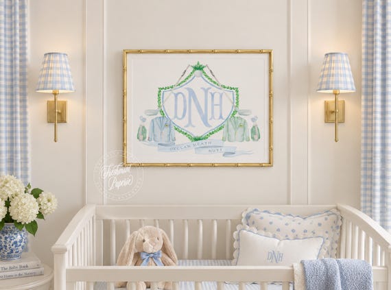 Golf Nursery Wall Art, Monogram, Watercolor, Baby Boy, Crest