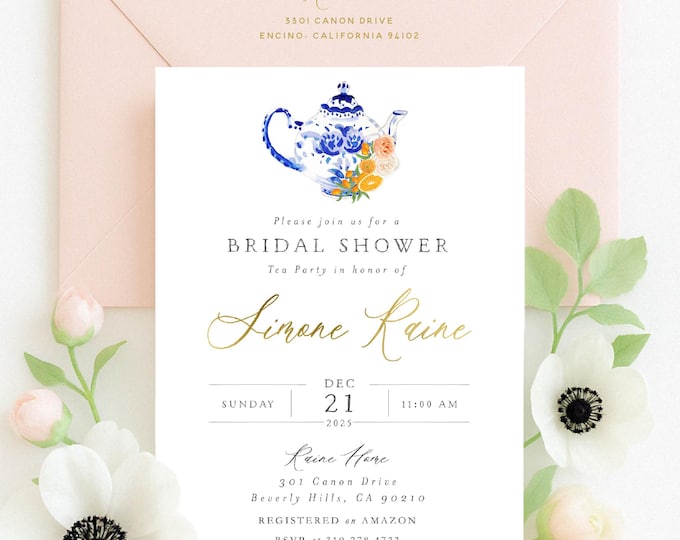 Bridal Shower Invitation, Tea Party Citrus Chinoiserie Design