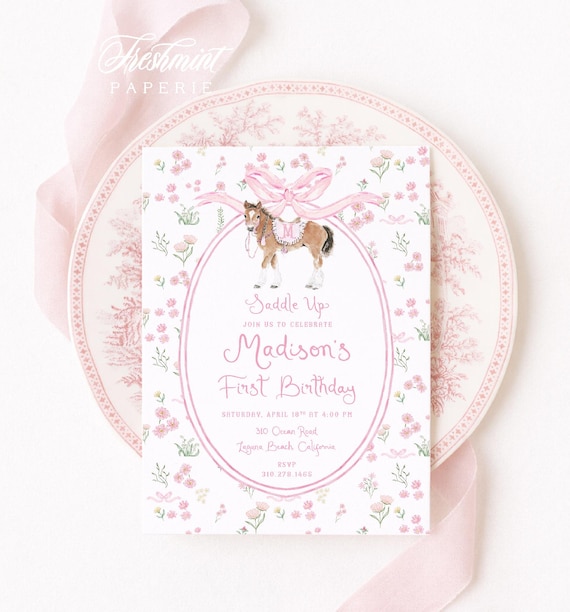 Pony Birthday Invitation, Watercolor Horse Party, Grandmillennial Preppy, Girly, Pink Bow, Floral Border