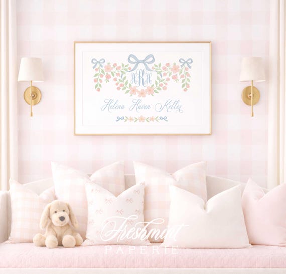 Watercolor Floral Monogram Nursery Print, Custom Name Wall Art