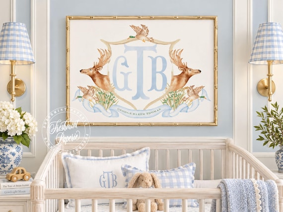 Deer Crest wall art, Mallard Duck, Baby Boy Nursery Art, Monogram