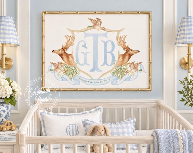 Deer Crest wall art, Mallard Duck, Baby Boy Nursery Art, Monogram