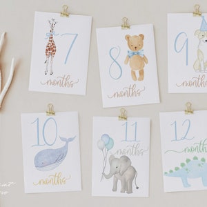 K&ouml;nnte beinhalten: Satz mit 6 Baby-Meilenstein-Karten mit verschiedenen Tieren und den Zahlen 7 bis 12. Die Karten sind wei&szlig; mit blauen und gelben Akzenten. Die Tiere sind eine Giraffe, ein Teddyb&auml;r, ein Hund, ein Wal, ein Elefant und ein Dinosaurier.