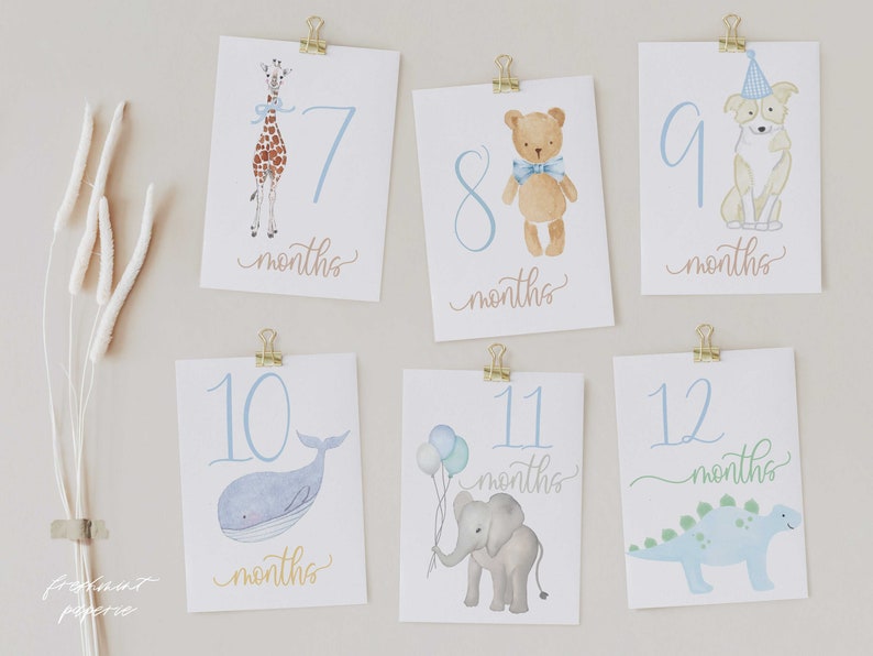 K&ouml;nnte beinhalten: Satz mit 6 Baby-Meilenstein-Karten mit verschiedenen Tieren und den Zahlen 7 bis 12. Die Karten sind wei&szlig; mit blauen und gelben Akzenten. Die Tiere sind eine Giraffe, ein Teddyb&auml;r, ein Hund, ein Wal, ein Elefant und ein Dinosaurier.