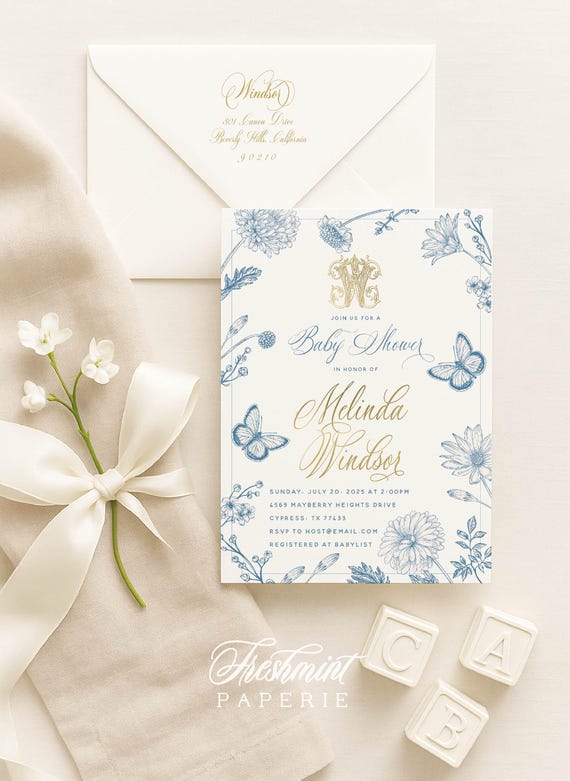 Botanical Crest invitation - Monogram Crest invitation - Botanical Baby Shower Invitation - Butterfly invitation - Baby Shower Invitation