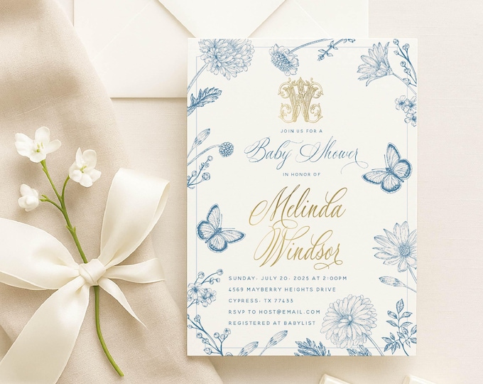 Botanical Crest invitation - Monogram Crest invitation - Botanical Baby Shower Invitation - Butterfly invitation - Baby Shower Invitation
