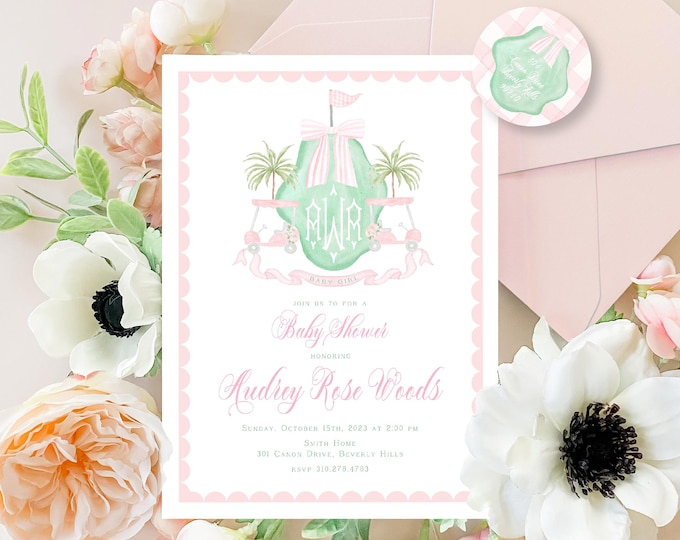 Golf Baby Shower Invitation, Watercolor, Pink Bow, Monogram, Grandmillennial, Preppy