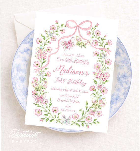 Butterfly Fairy Birthday Invitation: Floral, Grandmillennial, Watercolor