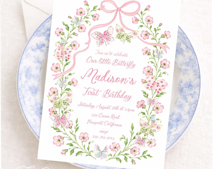 Butterfly Fairy Birthday Invitation: Floral, Grandmillennial, Watercolor