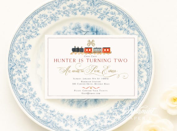 Polar Express Invitation, Choo Choo Train, All Aboard, Monogram, Gingham, Christmas