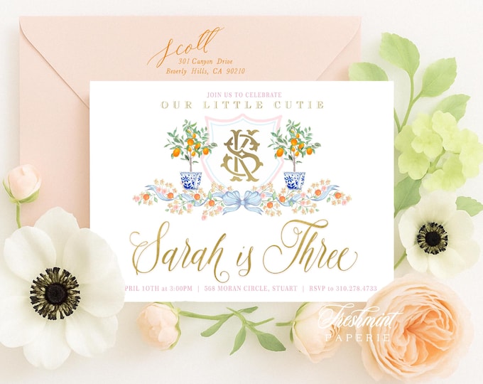 Cutie invitation - Cutie Birthday - Oranges invitation - Crest invitation - kids birthday invitation - Monogram, Orange tree, Whimsical