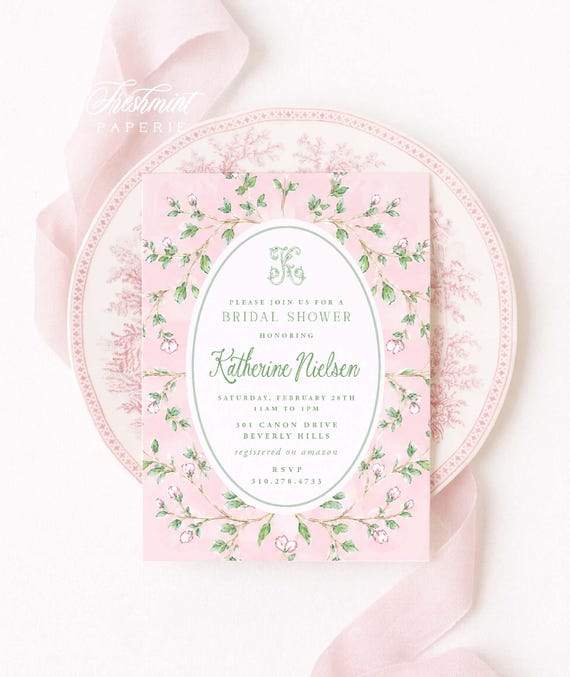 Chinoiserie Bridal Shower Invitation, Monogram, Brunch, Watercolor