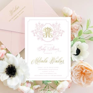 Inbjudan till babyshower, inbjudan till botaniskt vapen, inbjudan till monogramvapen, inbjudan till botaniskt vapen, rosa botanisk inbjudan bild 4