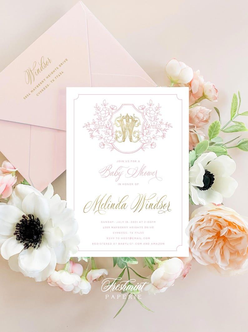 Inbjudan till babyshower, inbjudan till botaniskt vapen, inbjudan till monogramvapen, inbjudan till botaniskt vapen, rosa botanisk inbjudan bild 4