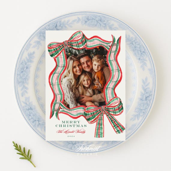 Red ribbon Holiday Cards, Christmas card, Plaid Christmas cards, Photo holiday cards, Pretty Holiday Cards, Red plaid ribbon, red bow
