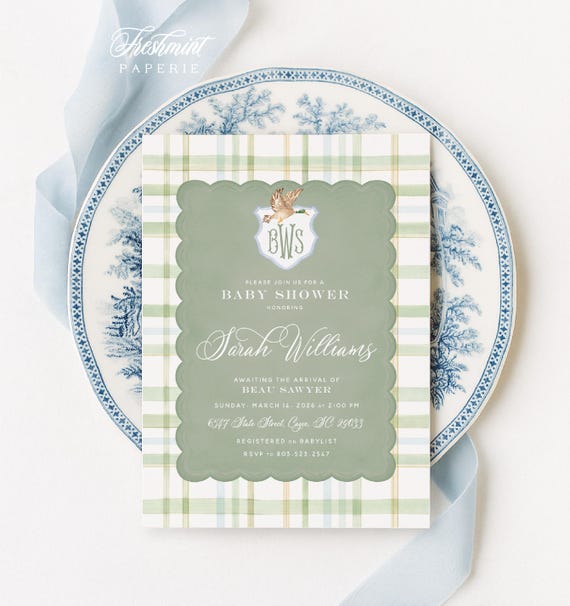 Mallard Duck invitation: Baby Shower, Monogram, Crest, Plaid, Gingham