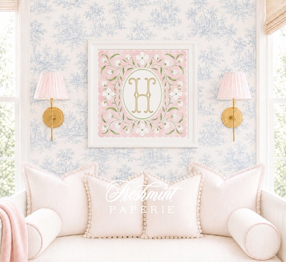 Monogram Wall Art, Monogram, Medallion, Grandmillennial, Watercolor, Chinoiserie, Hydrangeas