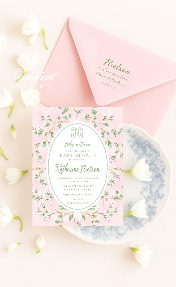 Baby in Bloom, Chinoiserie Invitation, Cherry Blossom, Monogram, Grandmillennial, Pink Floral, Heirloom