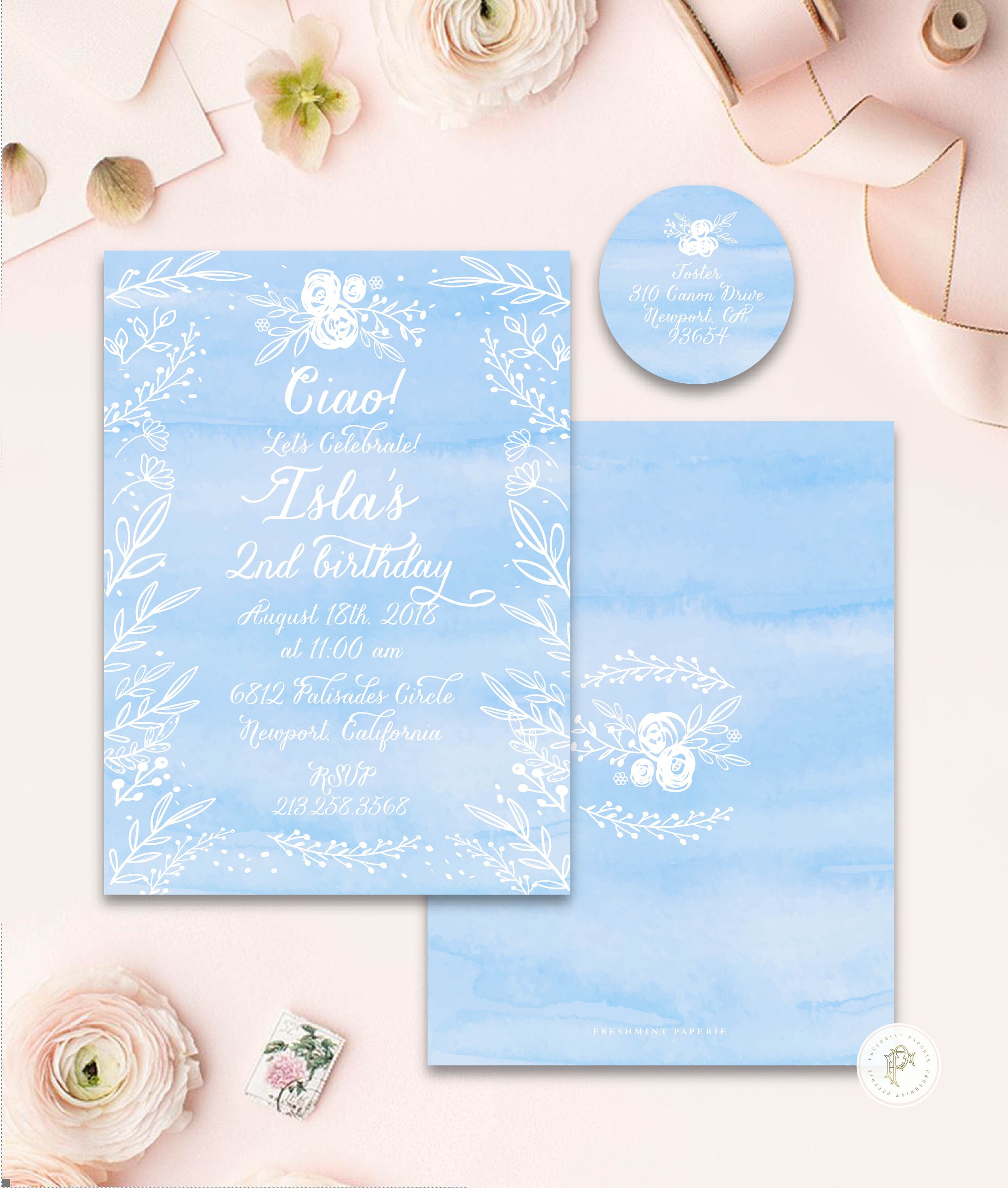 French Country invitation French Blue Watercolor Birthday Invitation French Country