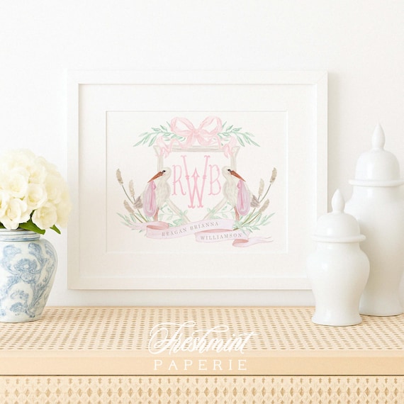 Stork wall art, Nursery Wall Art, Nursery name print, Stork Monogram Art Print, Custom nursery wall art