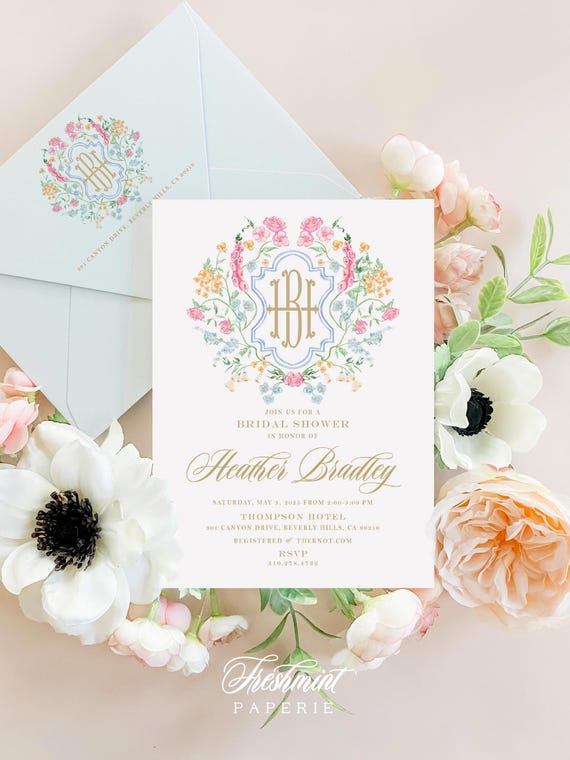 Floral Crest Bridal Shower Invitation: Monogrammed Brunch Invite