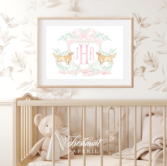 Golden Retriever, Golden Retriever Wall Art, Nursery Monogram Crest, Golden Retriever Art, Custom nursery wall art, Monogram crest