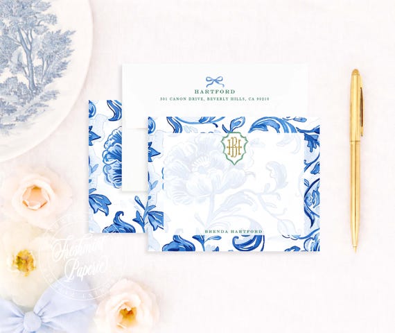 Personalized Note Cards - Monogram Stationery - Chinoiserie - Blue Florals - Toile - Blue Bow