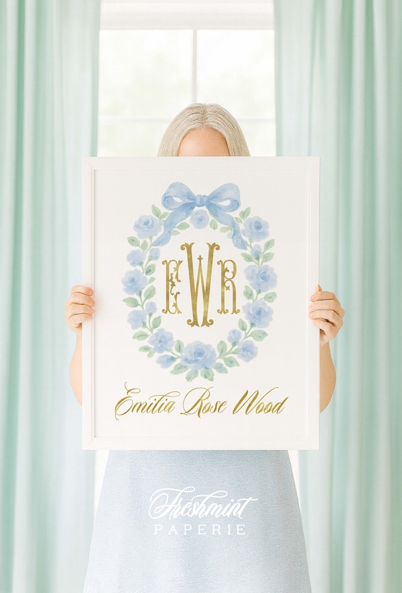 Watercolor Monogram Nursery Print: Blue Floral Crest